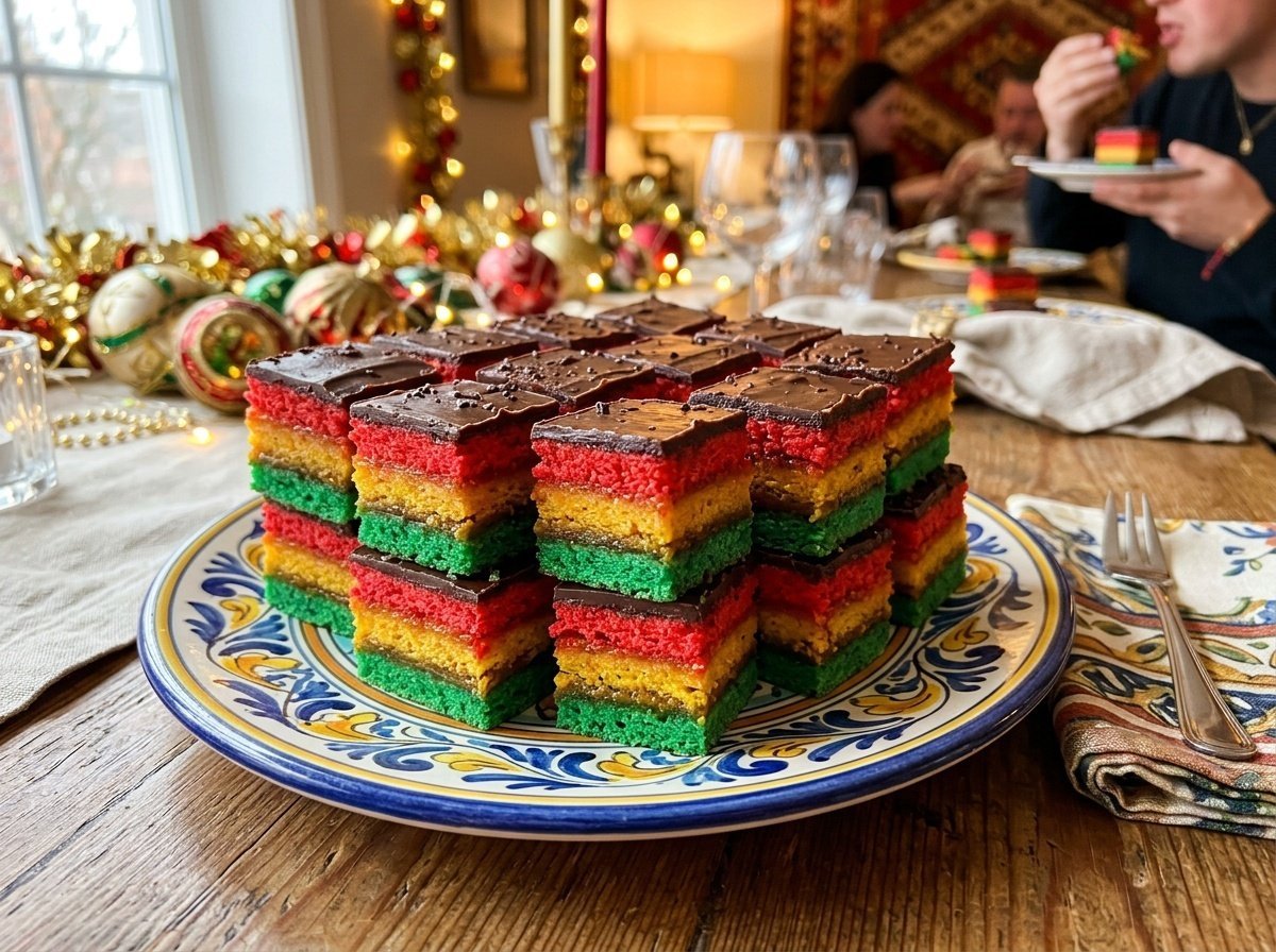Colorful Italian Rainbow Cookies with Chocolate Almond Layers Colorful Italian Rainbow Cookies with red, yellow, and green layers, topped with chocolate.