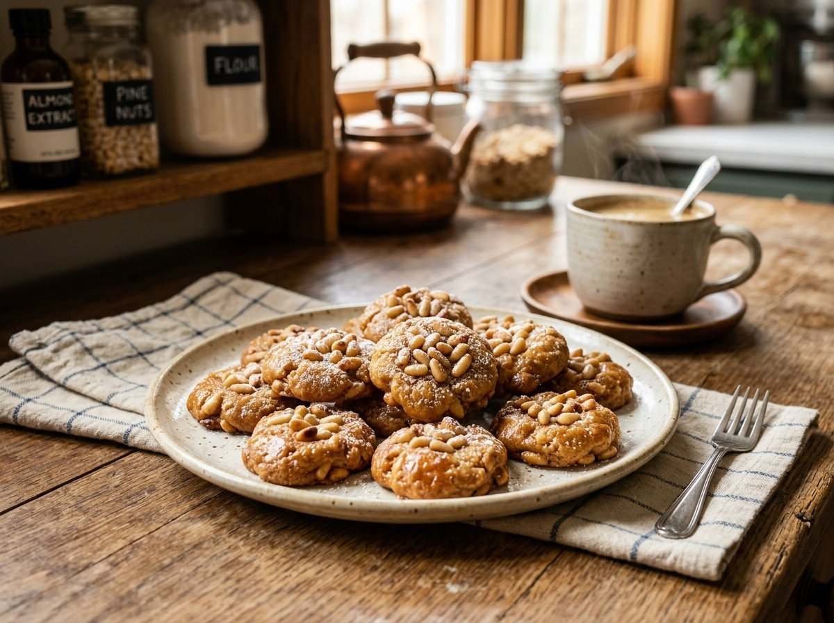 Chewy Italian Pignoli Cookies Recipe A plate of chewy Italian pignoli cookies with toasted pine nuts on a wooden table.