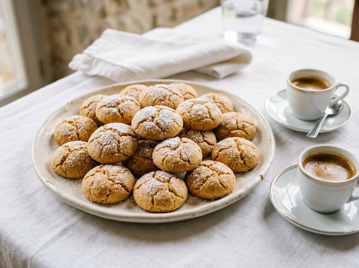 Soft Italian Amaretti Cookies Recipe A close-up of soft almond-flavored amaretti cookies dusted with sugar, served on a white plate beside a cup of espresso.