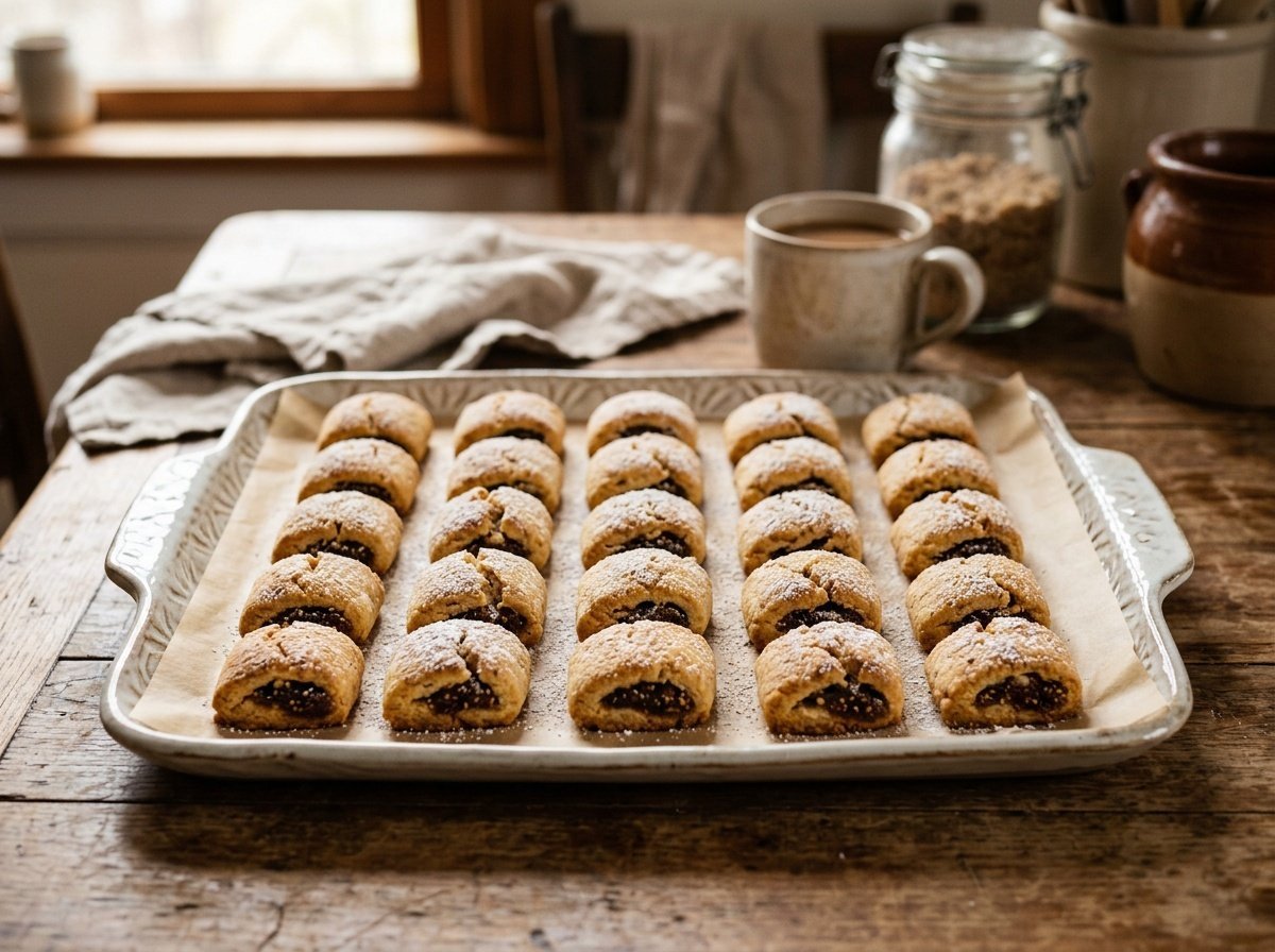A platter of traditional Italian fig cookies dusted with powdered sugar, highlighting their golden-brown color and rich filling.