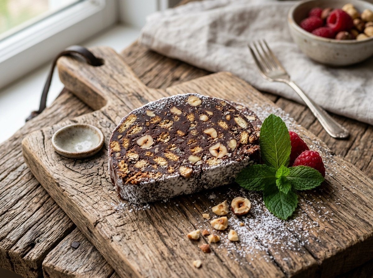 A slice of Italian Chocolate Salami dusted with icing sugar on a rustic wooden table, revealing cookie chunks and nuts inside.