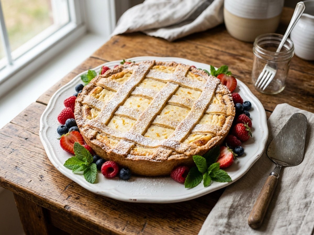 Creamy Italian Ricotta Pie with a Buttery Crust A golden-brown Italian Ricotta Pie with a creamy filling dusted with powdered sugar, garnished with fresh berries on a rustic wooden table.