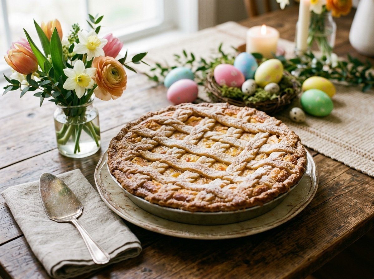 Traditional Italian Easter Pie with Sweet Ricotta Filling Traditional Italian Easter Pie with a golden crust and ricotta filling, garnished with powdered sugar, surrounded by spring decor.