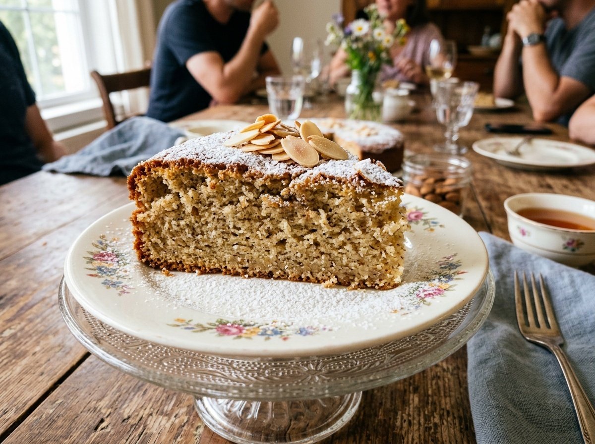 A slice of moist Italian almond cake garnished with powdered sugar and sliced almonds on a rustic table.