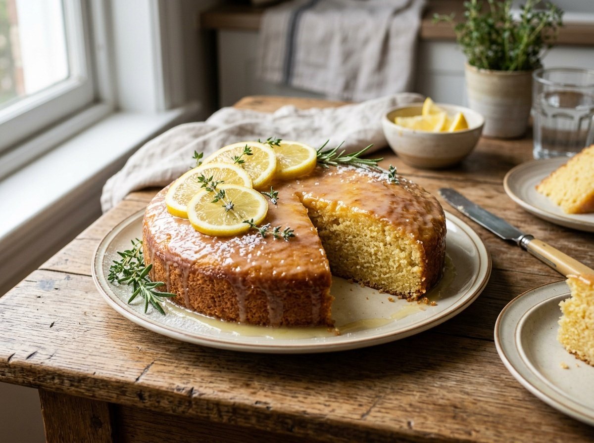 Italian Lemon Olive Oil Cake with citrus glaze and fresh lemon slices on a wooden table.