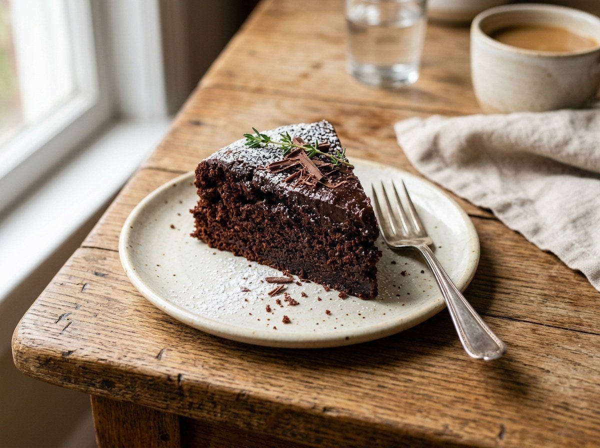 Rich Italian Chocolate Olive Oil Cake Recipe A slice of rich chocolate olive oil cake dusted with powdered sugar on a wooden table.