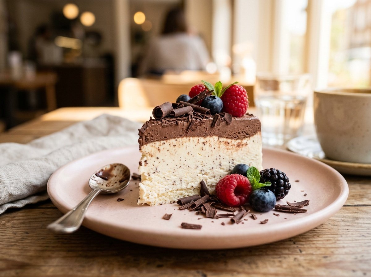 Italian Semifreddo Recipe with a Light Frozen Texture A slice of creamy Italian semifreddo topped with chocolate shavings and berries on a pastel plate, creating an inviting dessert presentation.