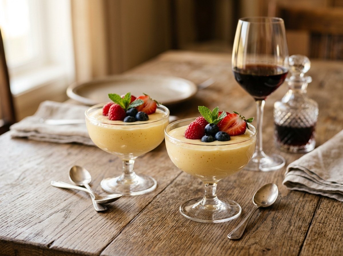Silky Italian Zabaglione Recipe with Warm Marsala Flavor Creamy Italian Zabaglione topped with fresh berries in elegant glass dishes on a rustic table with Marsala wine.
