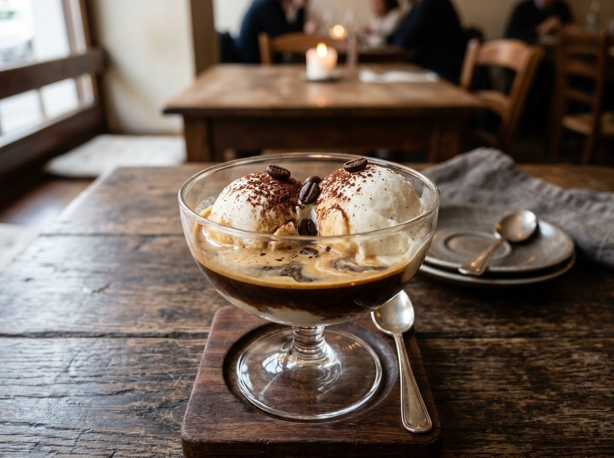 A bowl of affogato with vanilla gelato melting under hot espresso, garnished with cocoa powder and coffee beans.