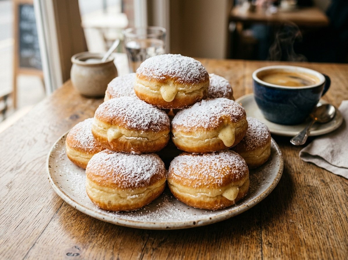 A stack of fluffy Bomboloni donuts filled with vanilla cream on a rustic plate, dusted with powdered sugar.