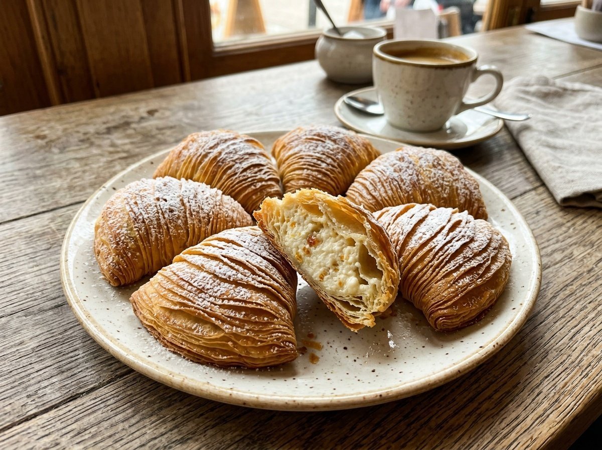 A plate of golden brown sfogliatelle pastries dusted with powdered sugar, revealing sweet ricotta filling.