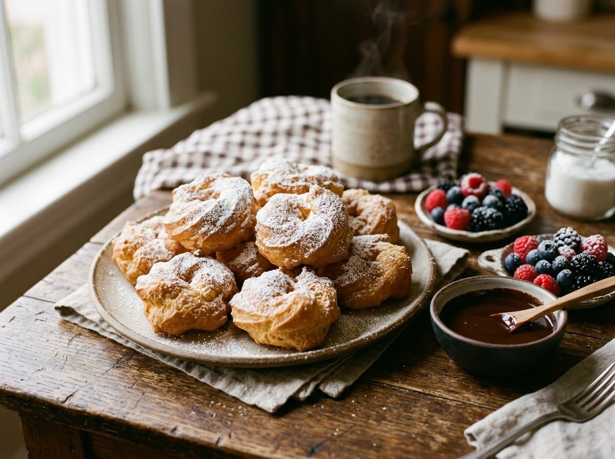 Golden Italian Zeppole with Light Fluffy Centers Golden crispy zeppole dusted with powdered sugar on a plate with chocolate sauce and berries.