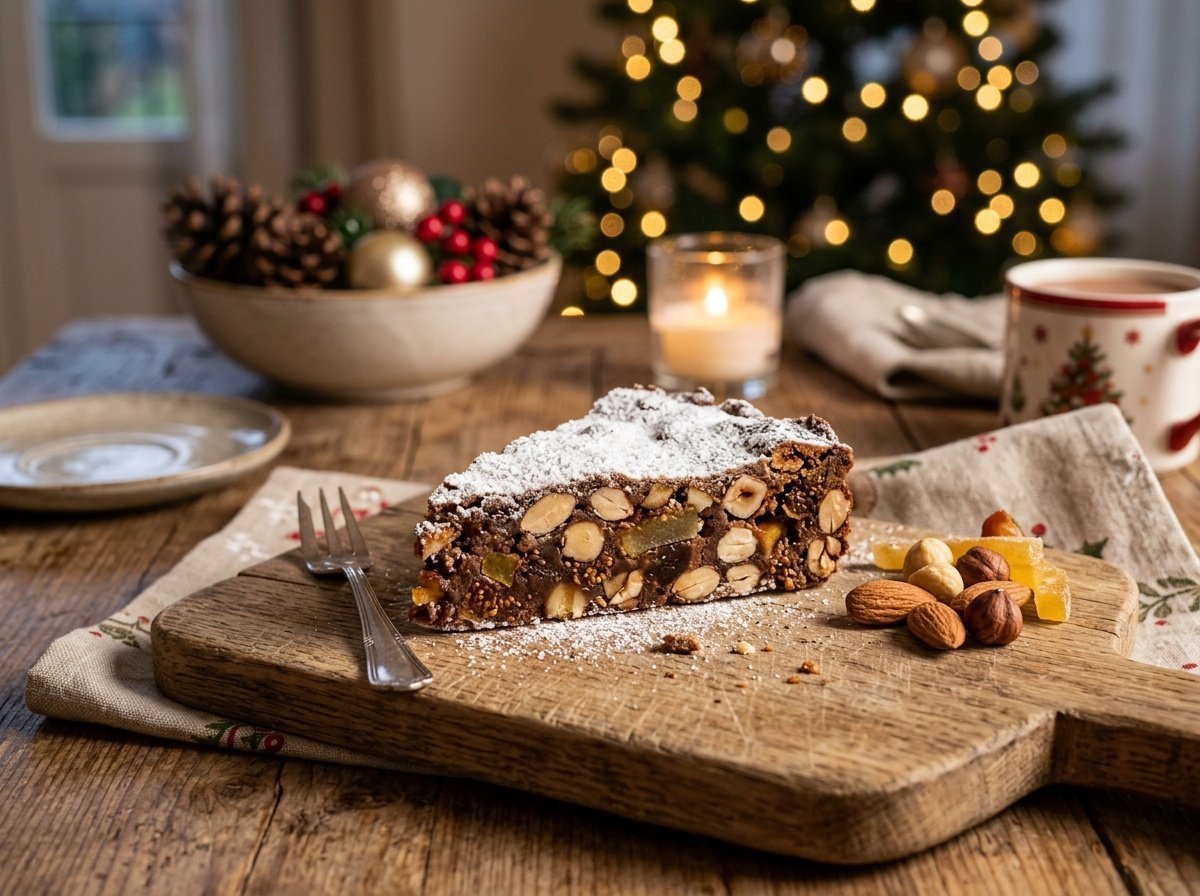 Rich Italian Panforte Packed With Fruit and Nuts A slice of fruit and nut Italian Panforte cake, dusted with powdered sugar on a rustic board.