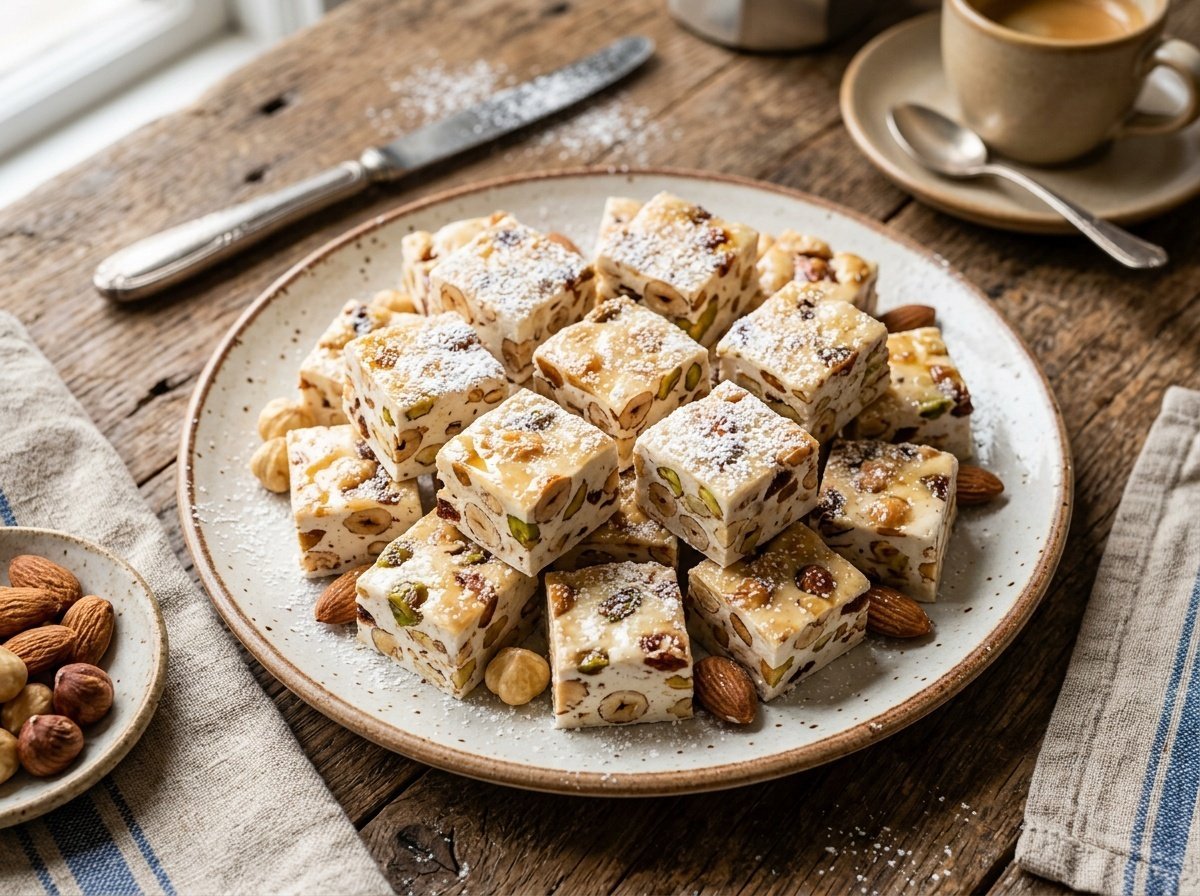 Chewy Italian Torrone Candy with Honey and Toasted Nuts A plate of chewy Italian Torrone candy squares, dusted with powdered sugar, garnished with nuts on a rustic background.