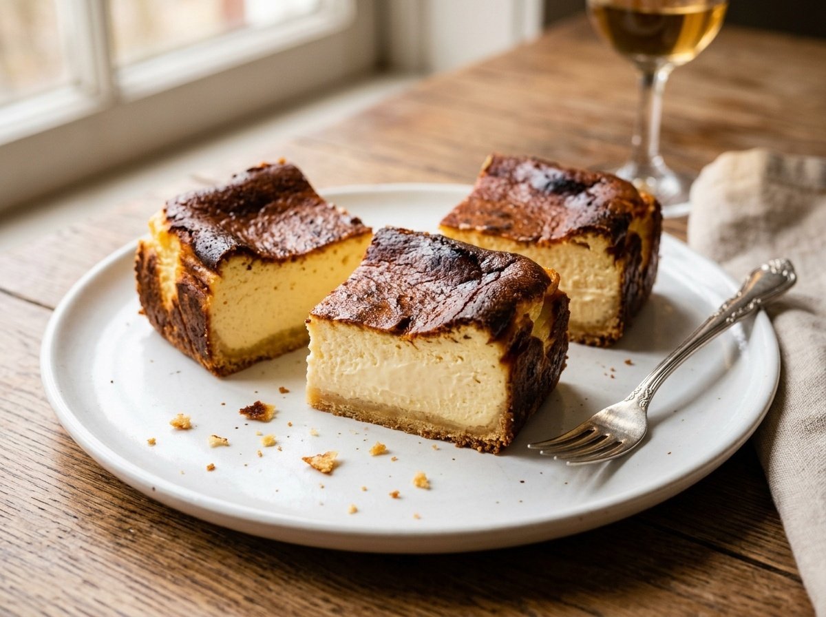 Creamy Spanish Basque Cheesecake Bars with Burnt Tops Creamy Spanish Basque cheesecake bars with a burnt top served on a white plate with a fork.