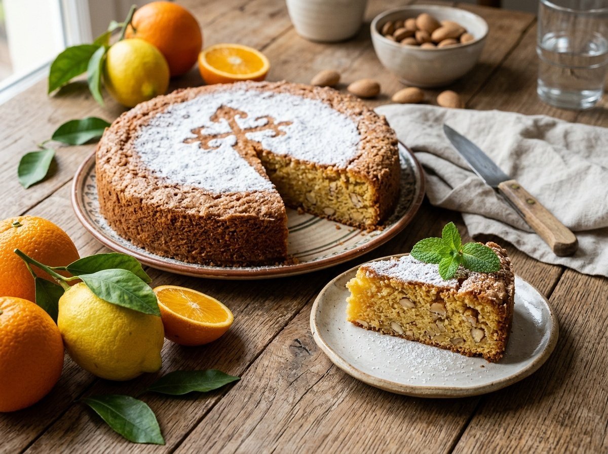 Moist Spanish Almond Cake with Bright Citrus Flavor Moist Spanish almond cake dusted with powdered sugar on a rustic table, surrounded by fresh citrus fruits.