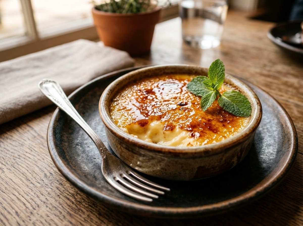 Silky Spanish Burnt Custard Recipe Delicious Spanish burnt custard in a ramekin with a shiny caramel crust and a mint garnish.