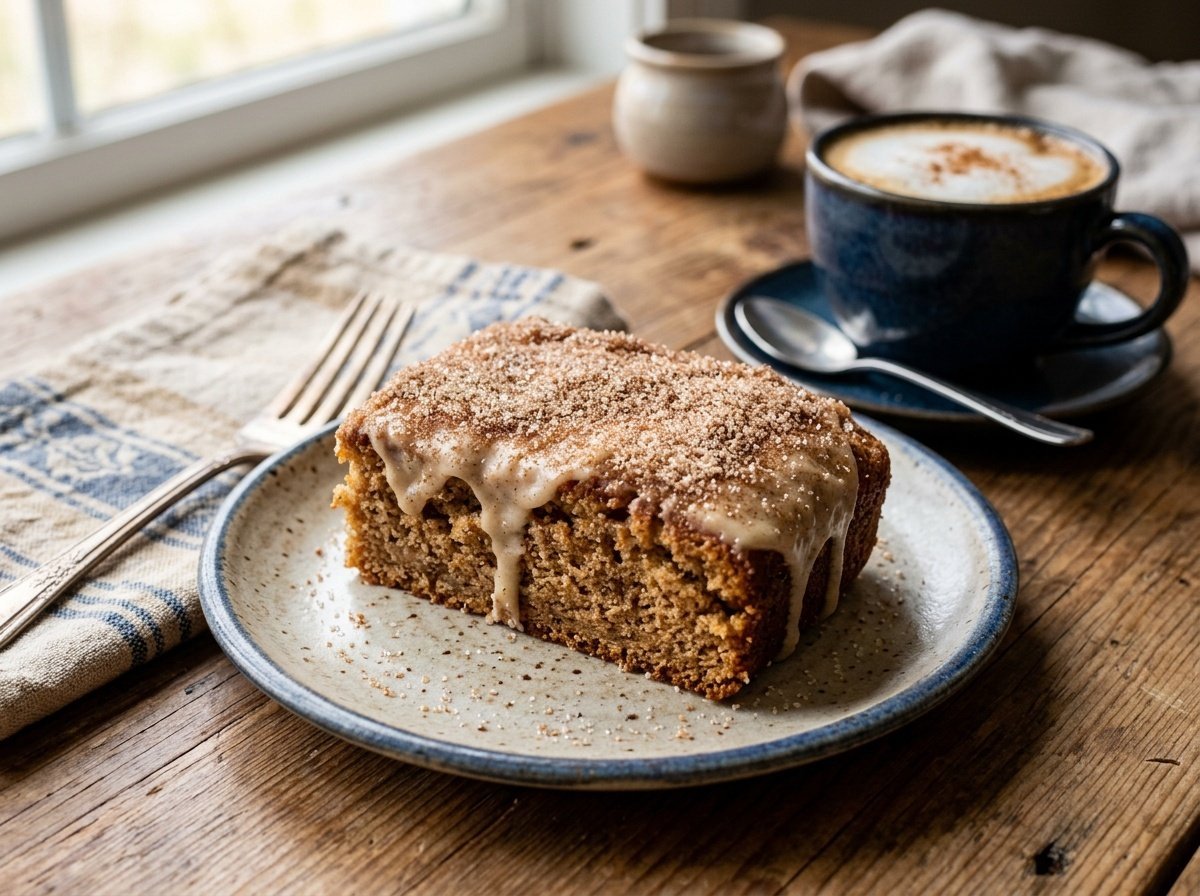 Slice of cinnamon churro cake topped with vanilla glaze and cinnamon sugar on a rustic table.