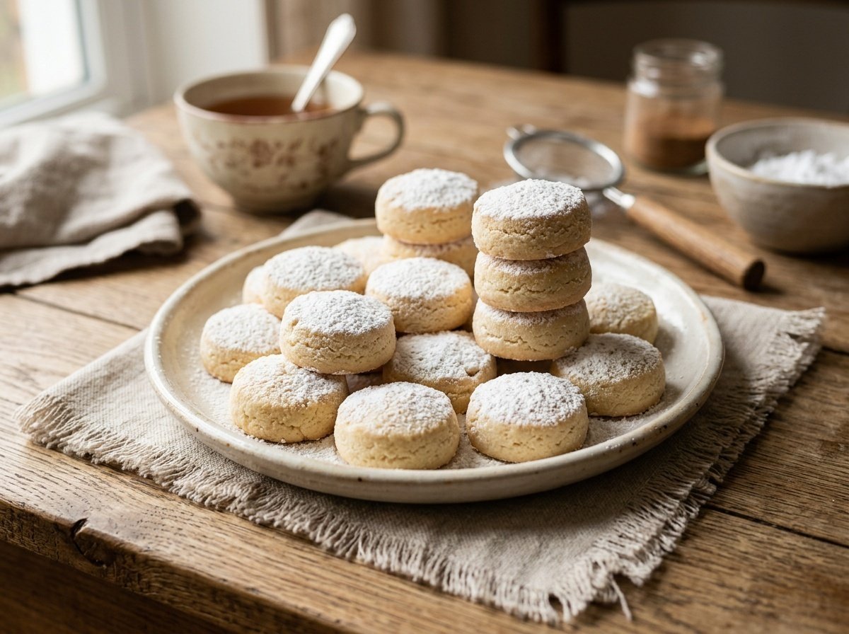 Buttery Spanish Polvorones Cookies Recipe Delicious buttery Spanish Polvorones cookies dusted with powdered sugar, presented on a plate on a wooden table.