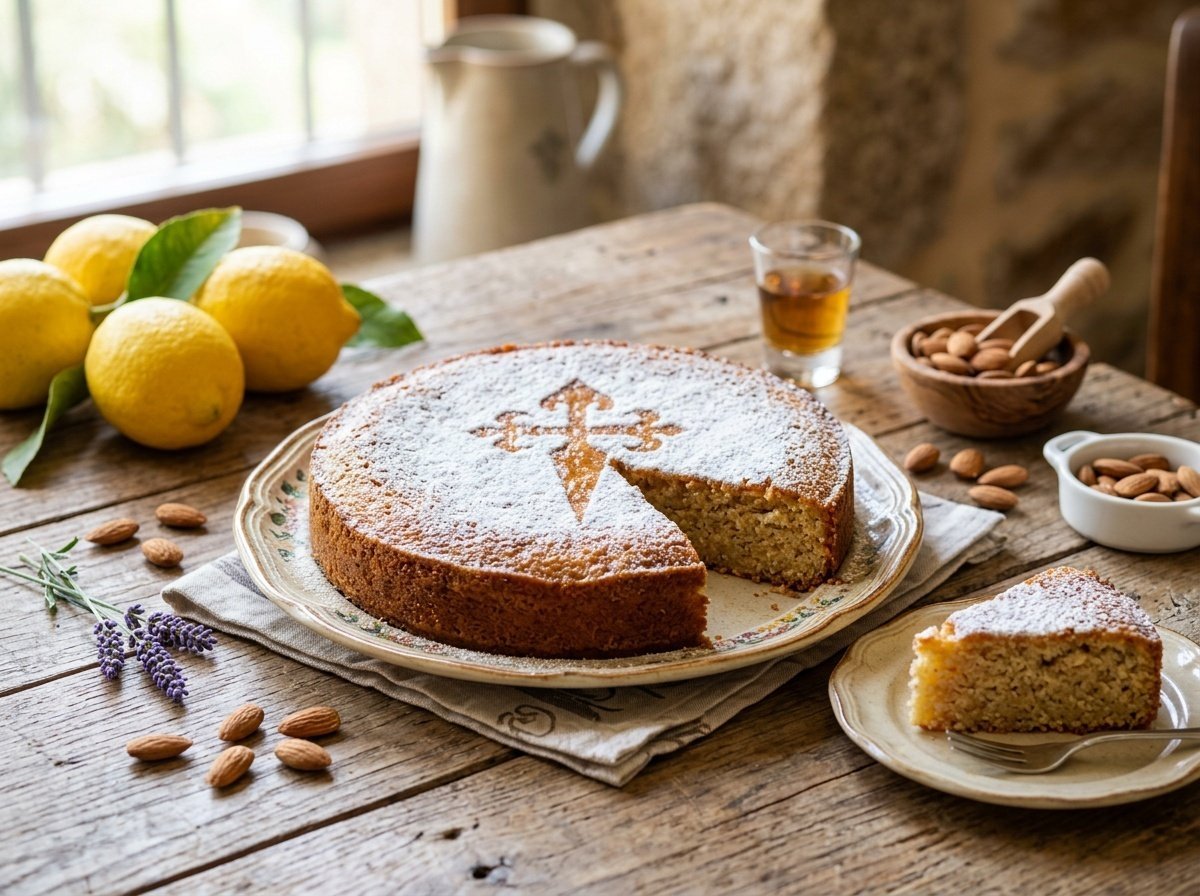 Traditional Almond Tarta de Santiago Recipe A traditional Tarta de Santiago cake with a powdered sugar cross, placed on a rustic table with a slice revealing almond texture.