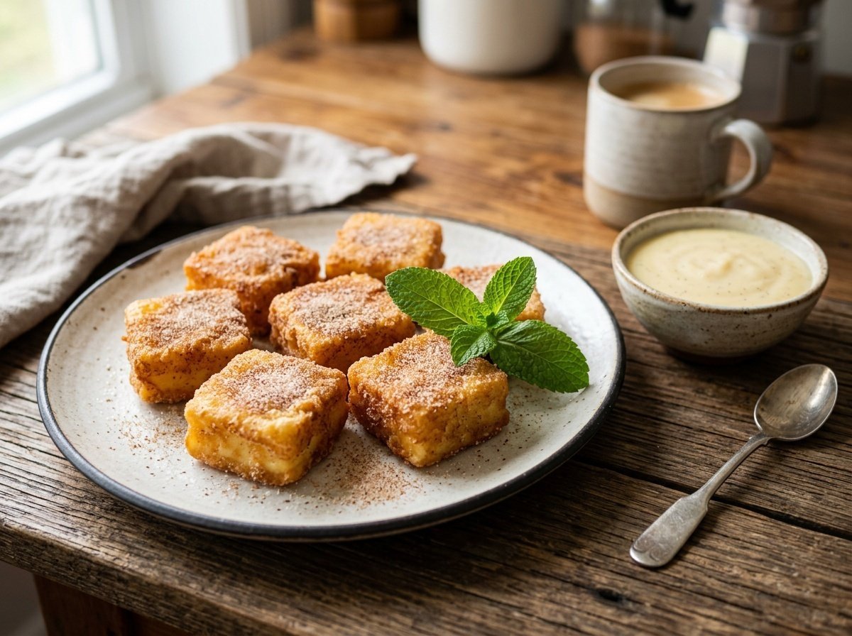 Crispy Spanish leche frita squares dusted with cinnamon sugar on a rustic plate with a bowl of vanilla custard.
