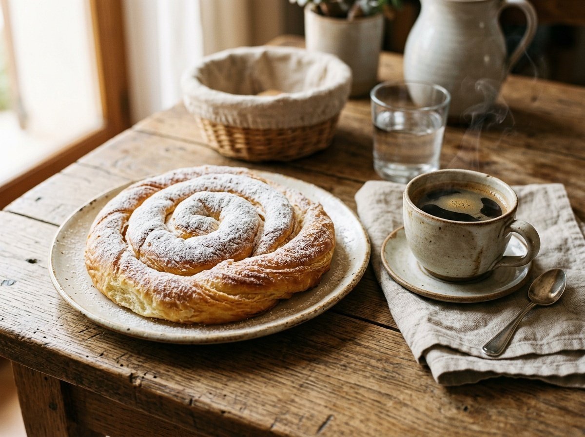 Fluffy Spanish Ensaimada Pastry Recipe Fluffy Spanish Ensaimada pastry dusted with powdered sugar on a wooden table next to a cup of coffee.
