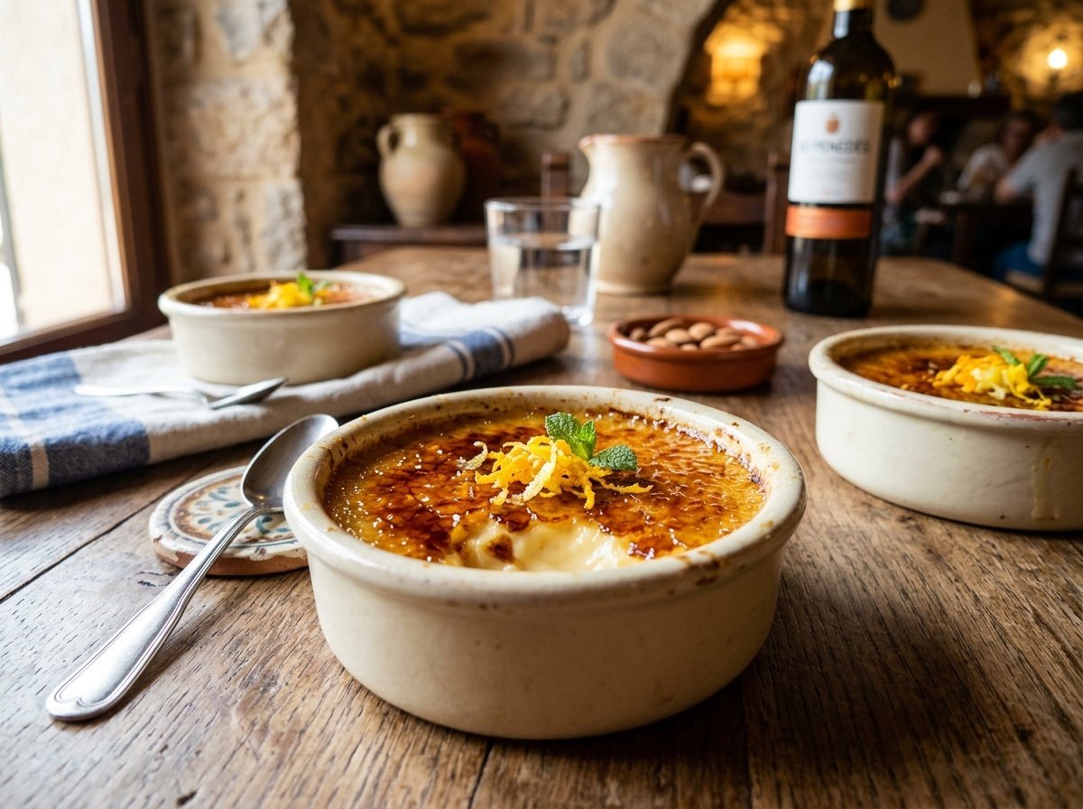 Crema Catalana dessert in ramekins with caramelized sugar tops garnished with citrus zest.