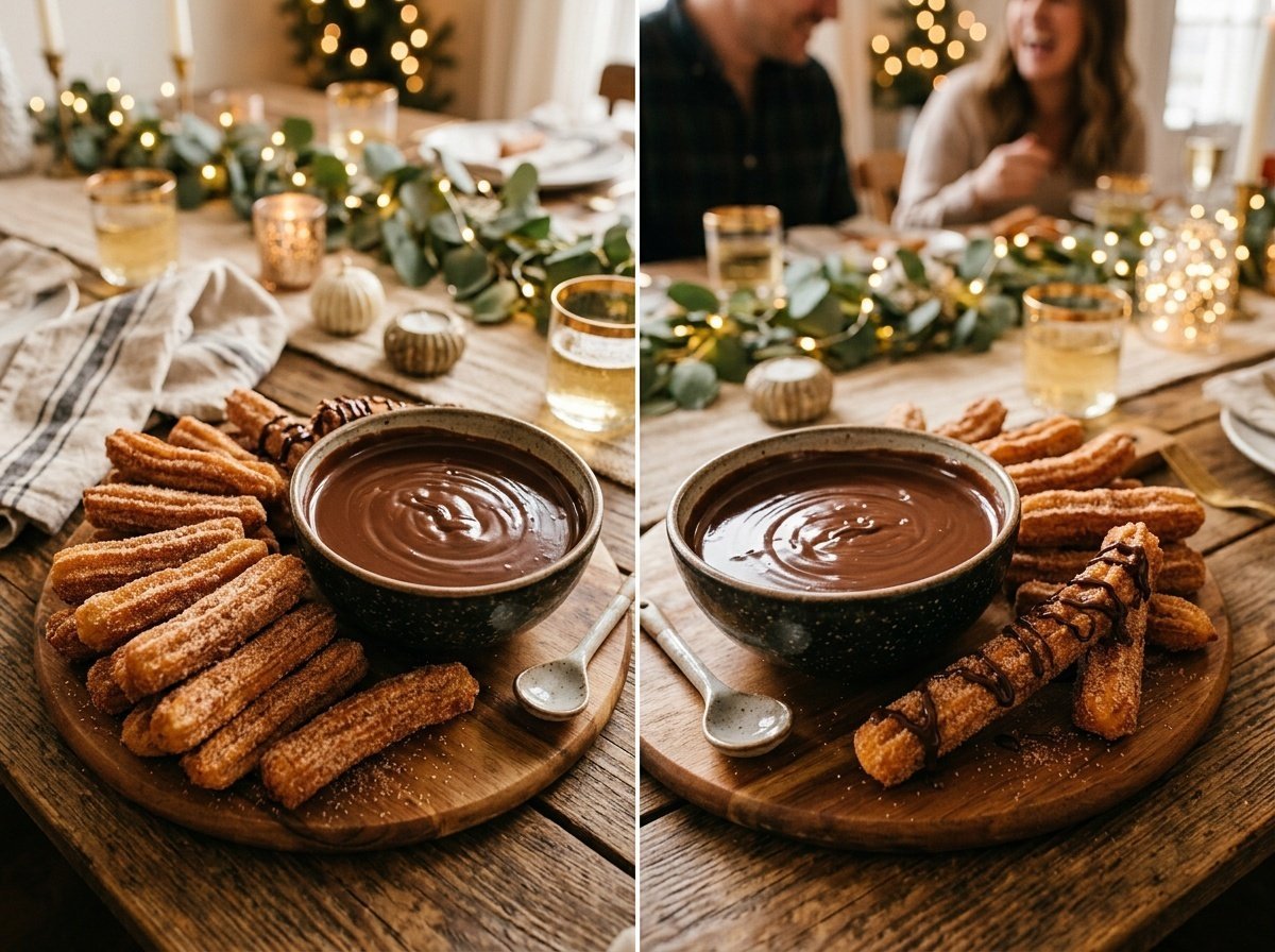 Rich Spanish Chocolate Churro Dip Recipe Rich chocolate dip in a bowl with churros for dipping, surrounded by festive decorations.