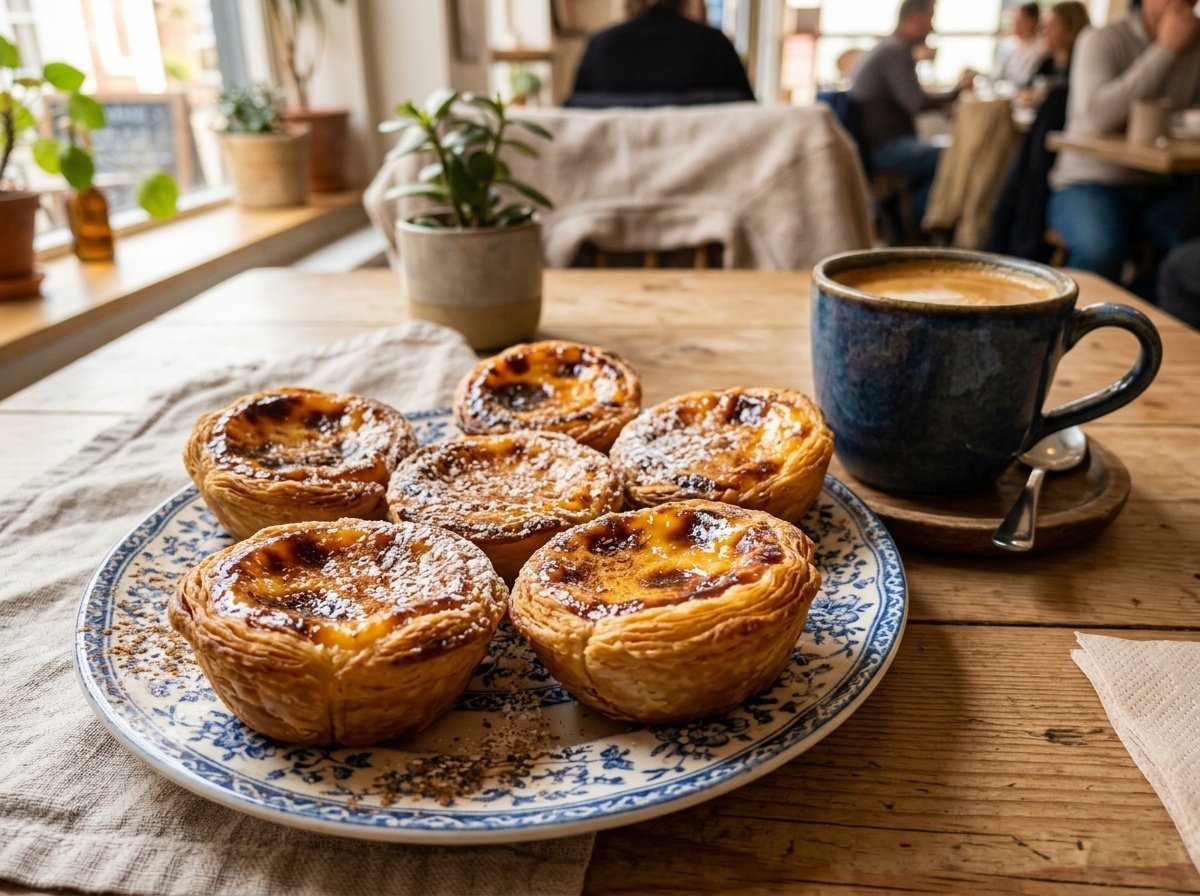 Flaky Portuguese Custard Tarts Recipe Flaky Portuguese custard tarts on a plate, filled with caramelized custard, alongside a cup of coffee.
