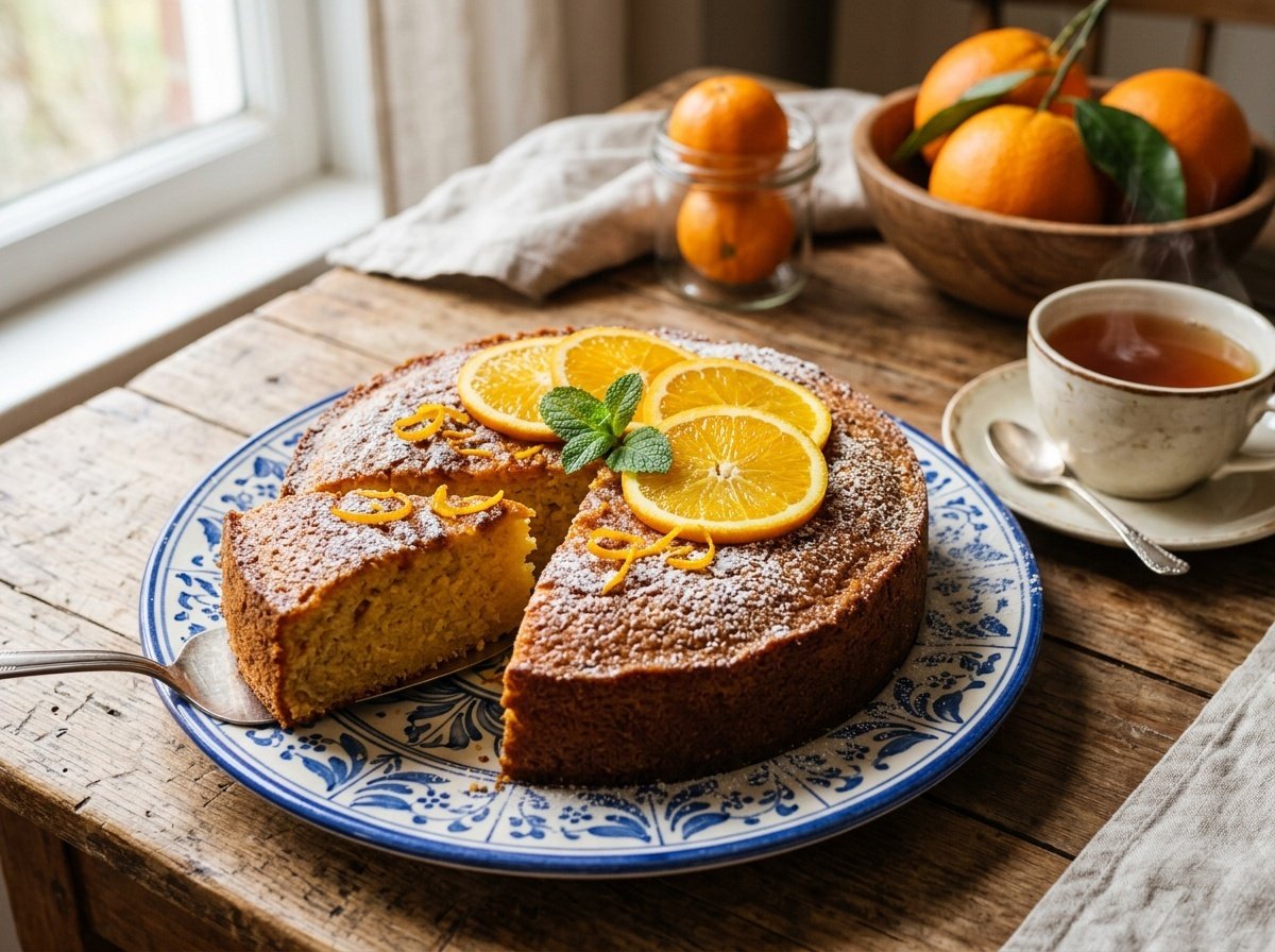 Moist Portuguese orange cake garnished with orange slices and powdered sugar on a decorative plate, in a rustic kitchen.