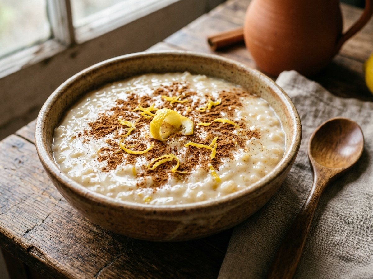 Creamy Portuguese Rice Pudding with Cinnamon and Lemon Creamy rice pudding dusted with cinnamon and garnished with lemon slice on a rustic wooden surface.