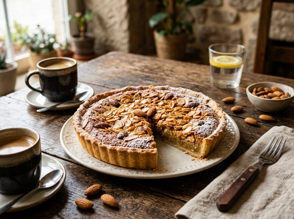 Buttery Portuguese Almond Tart Recipe A golden Portuguese Almond Tart with almond filling, dusted with powdered sugar, served with coffee and whole almonds.