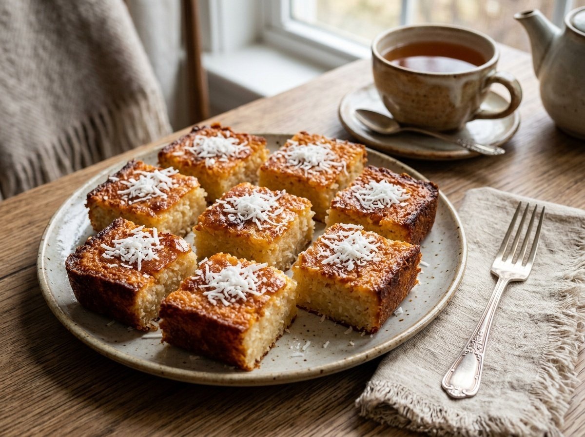 Sweet Portuguese Coconut Cakes Recipe Golden Portuguese coconut cakes on a plate, garnished with shredded coconut, with a cup of tea in the background.