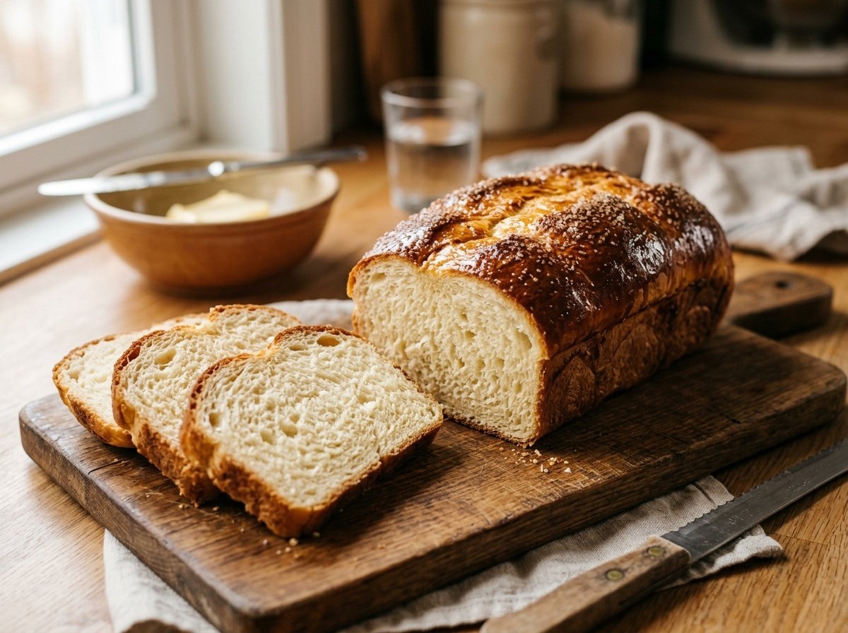 Fluffy Portuguese sweet bread loaf with golden crust and soft crumb, sliced and displayed on a cutting board.