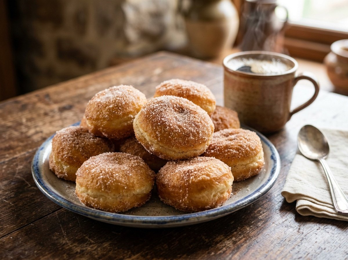 Light Portuguese Doughnuts Rolled in Cinnamon Sugar Recipe Golden brown Portuguese doughnuts rolled in cinnamon sugar on a rustic wooden table with a cup of coffee.