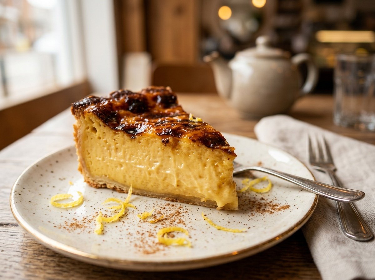 Slice of creamy Portuguese Egg Custard Cake with caramelized edges on a dessert plate.