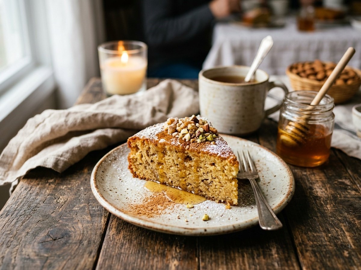 A slice of moist Greek honey cake with cinnamon, honey drizzle, and nut garnish on a rustic table.