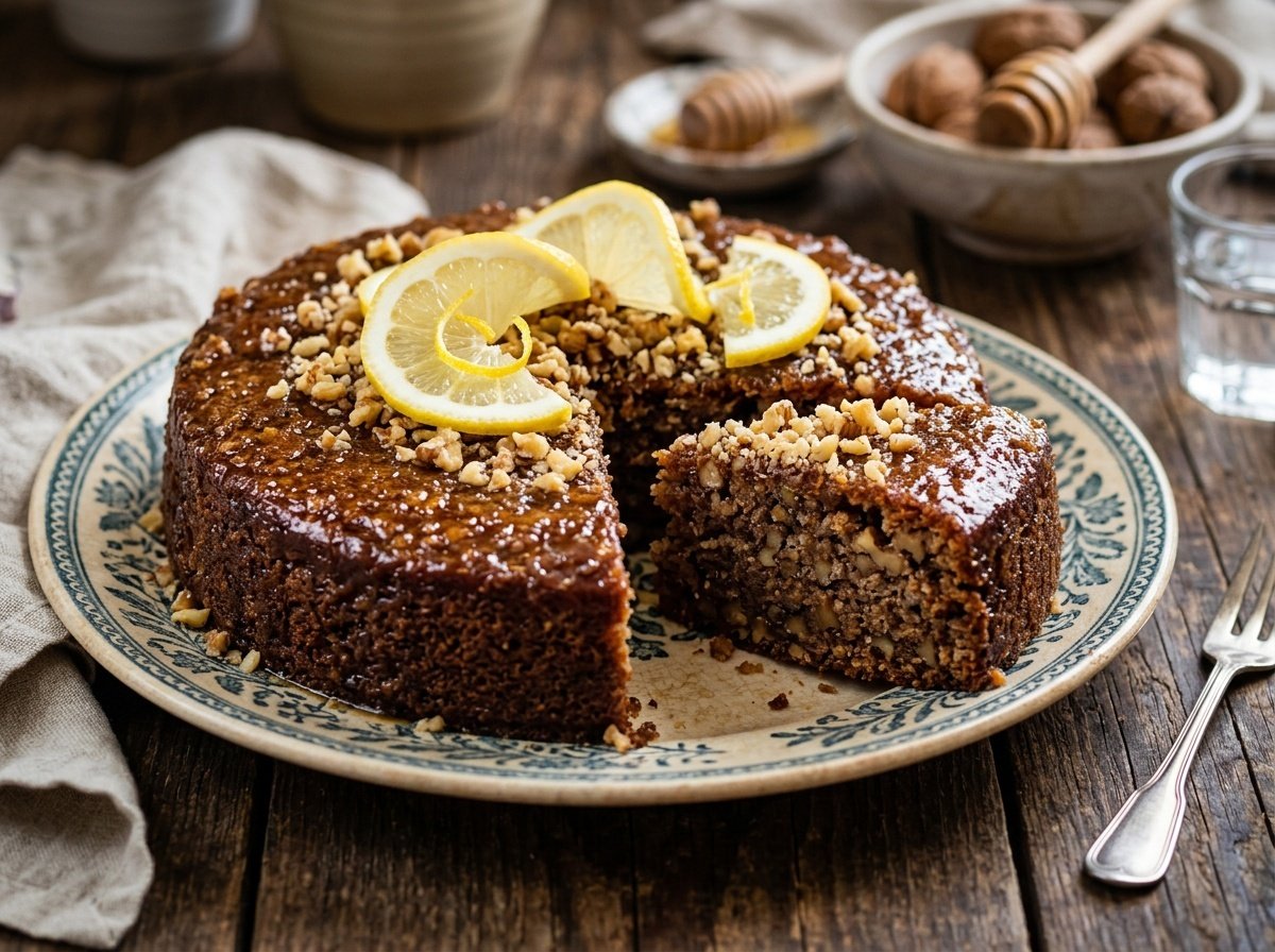 A slice of rich Greek walnut cake with syrup on a decorated plate, surrounded by lemon slices and walnuts.