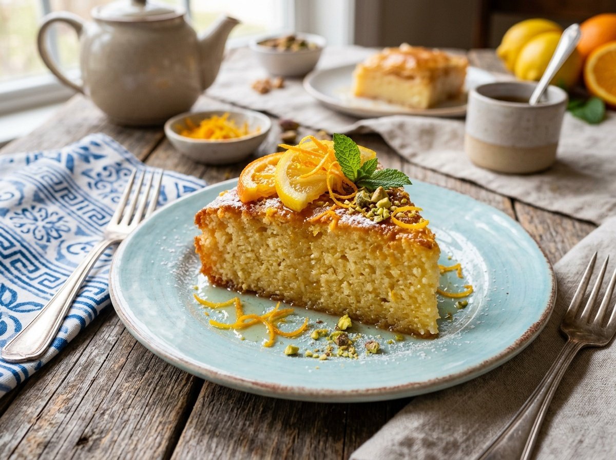 Tender Greek Semolina Cake with Bright Citrus Syrup A slice of Greek semolina cake drizzled with citrus syrup, garnished with citrus zest on a plate.