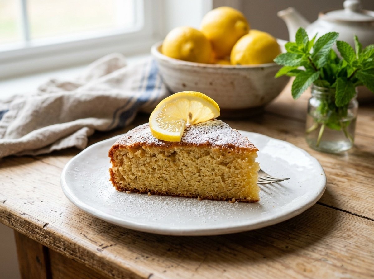 Moist Greek yogurt cake dusted with powdered sugar, garnished with lemon slice and mint sprig.