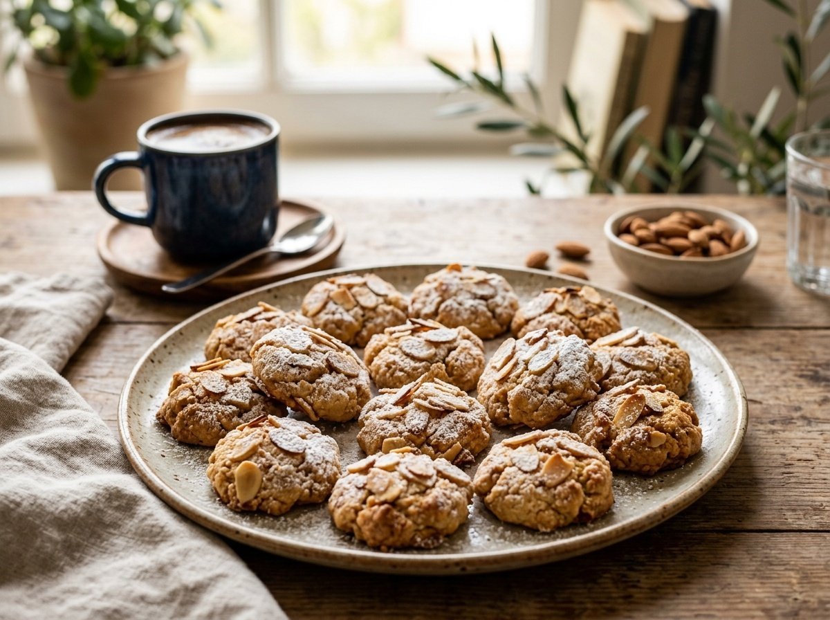 Chewy Greek Almond Cookies Recipe Chewy Greek almond cookies dusted with powdered sugar and topped with sliced almonds, accompanied by a cup of coffee.