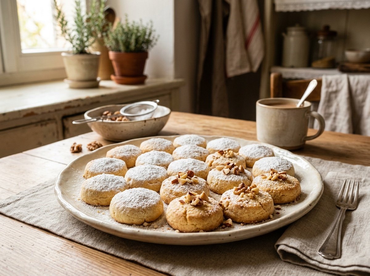 Plate of traditional Greek butter cookies with powdered sugar and chopped nuts in a cozy kitchen.