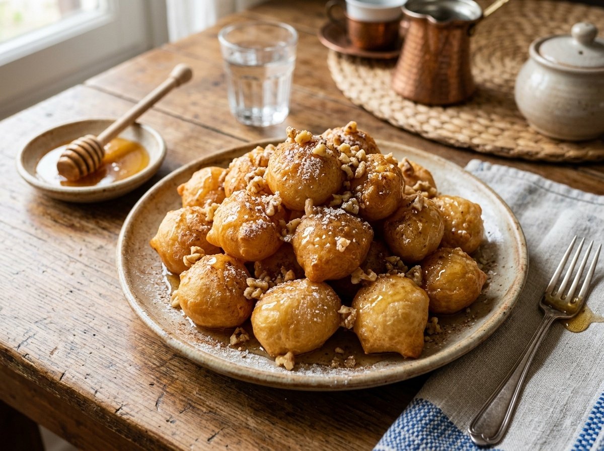 Golden Greek Honey Puffs with Cinnamon and Toasted Nuts Golden Greek honey puffs with cinnamon and nuts on a rustic plate, drizzled with honey.