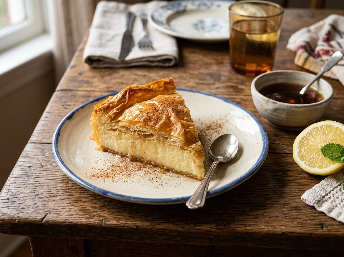 Creamy Greek Galaktoboureko with Crisp Phyllo Layers Golden-brown Greek Galaktoboureko with creamy custard filling, garnished with cinnamon on a rustic table.