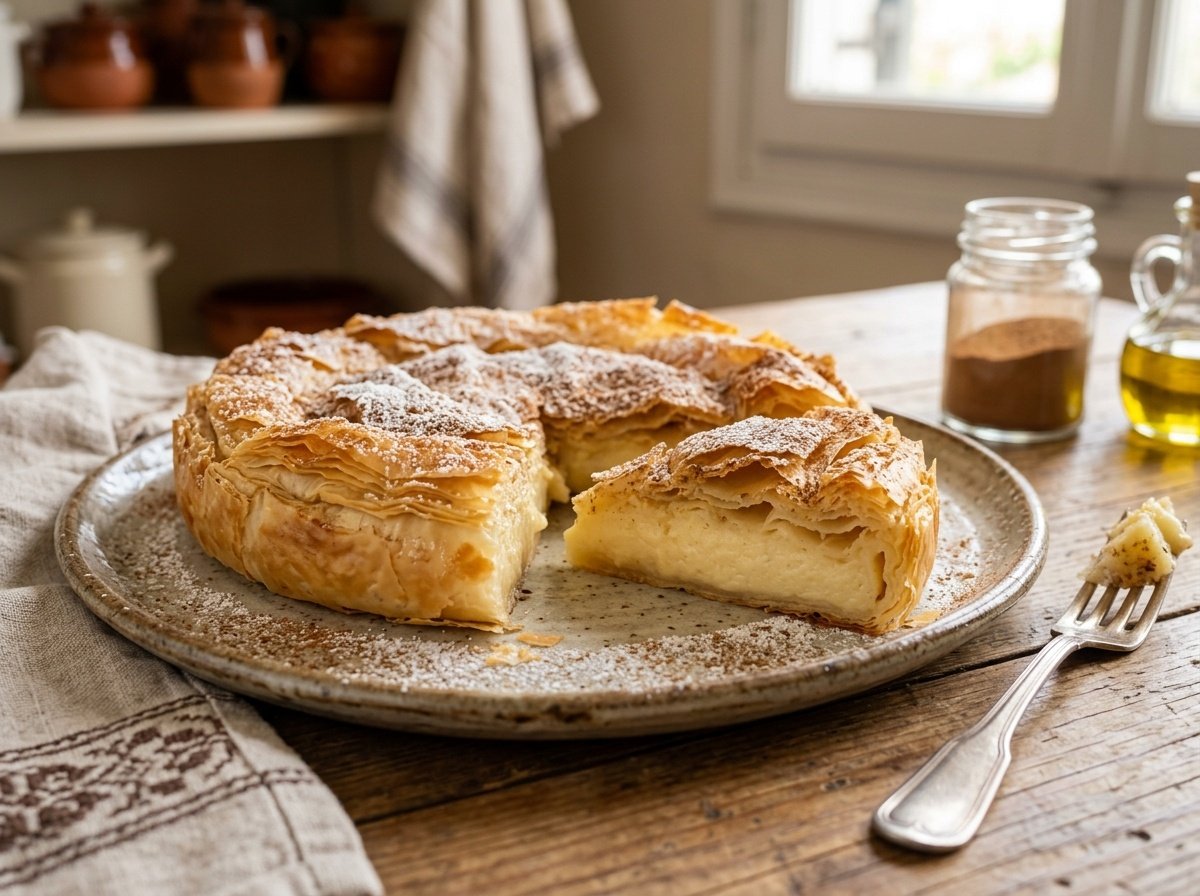 Greek Bougatsa Custard Pie with cinnamon sugar, showcasing flaky layers and creamy custard, displayed with a slice cut out on a rustic plate.