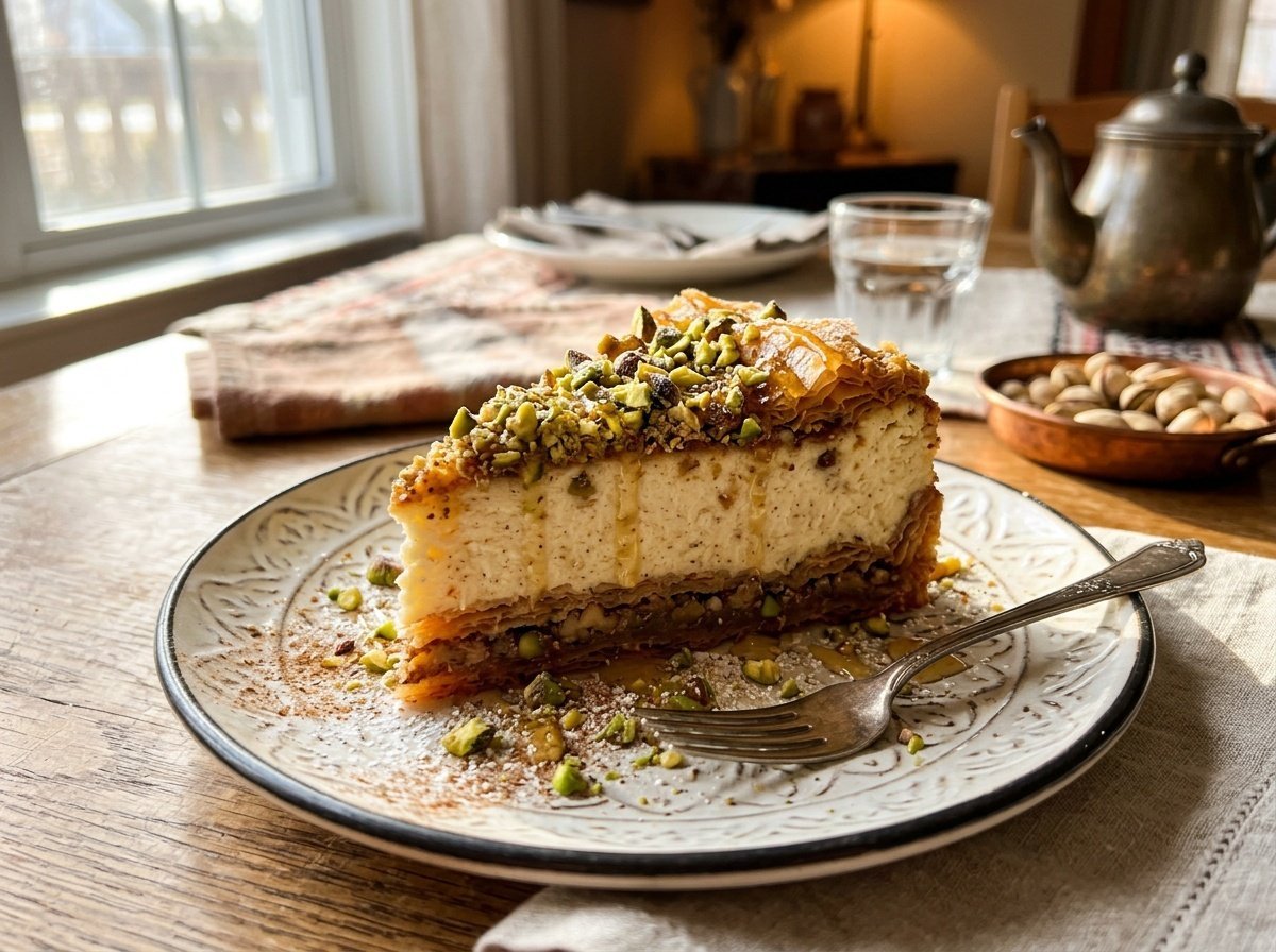 Decadent Greek Baklava Cheesecake Recipe A slice of Greek Baklava Cheesecake with layers of phyllo crust, creamy filling, honey drizzle, and pistachio garnish on a decorative plate.