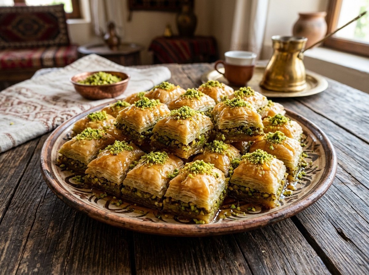 Crisp Pistachio Baklava Recipe A plated dessert of golden pistachio baklava topped with honey syrup and garnished with chopped pistachios.