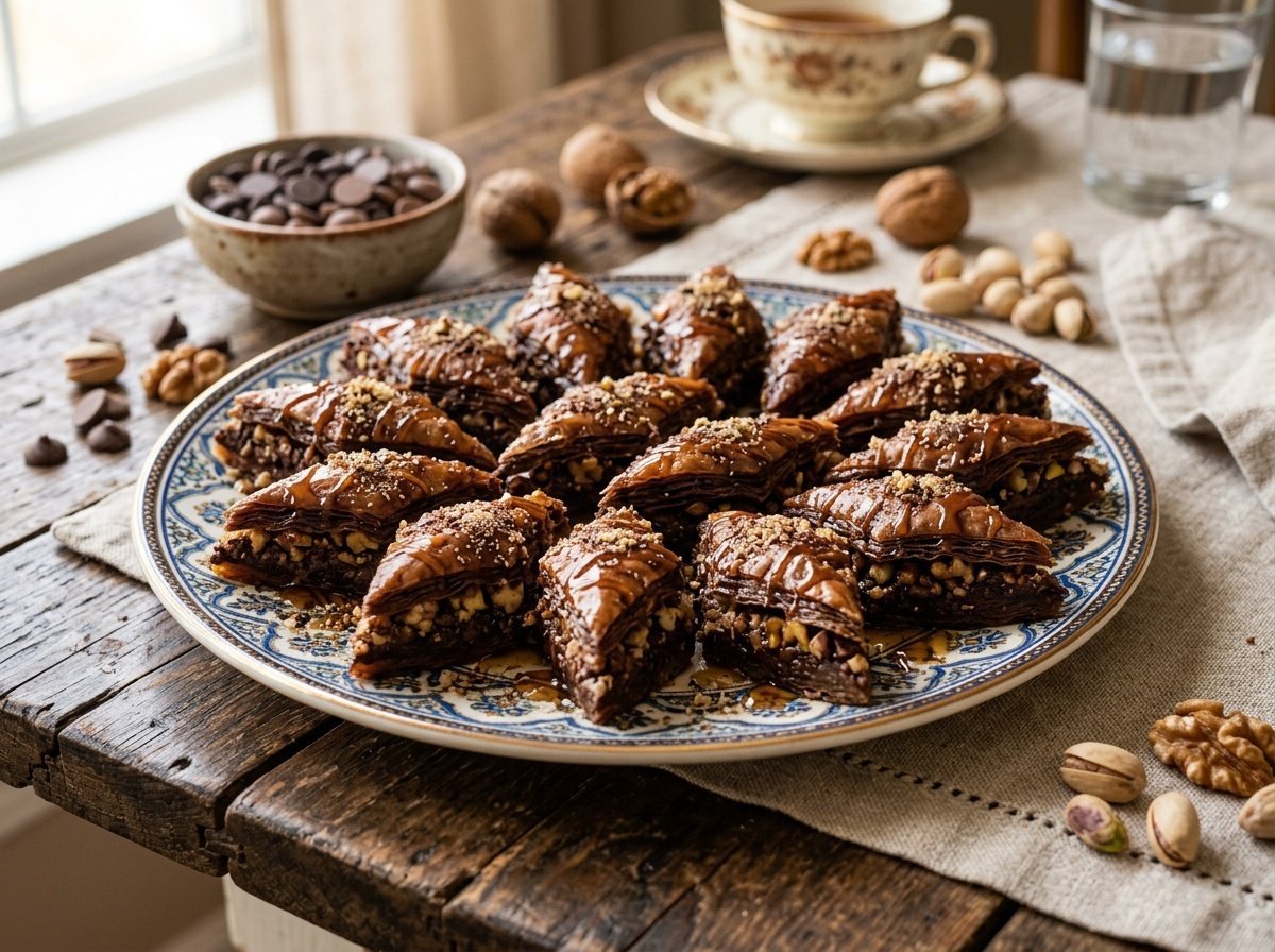 Rich chocolate baklava with flaky pastry and nuts, drizzled with syrup, on a rustic table.
