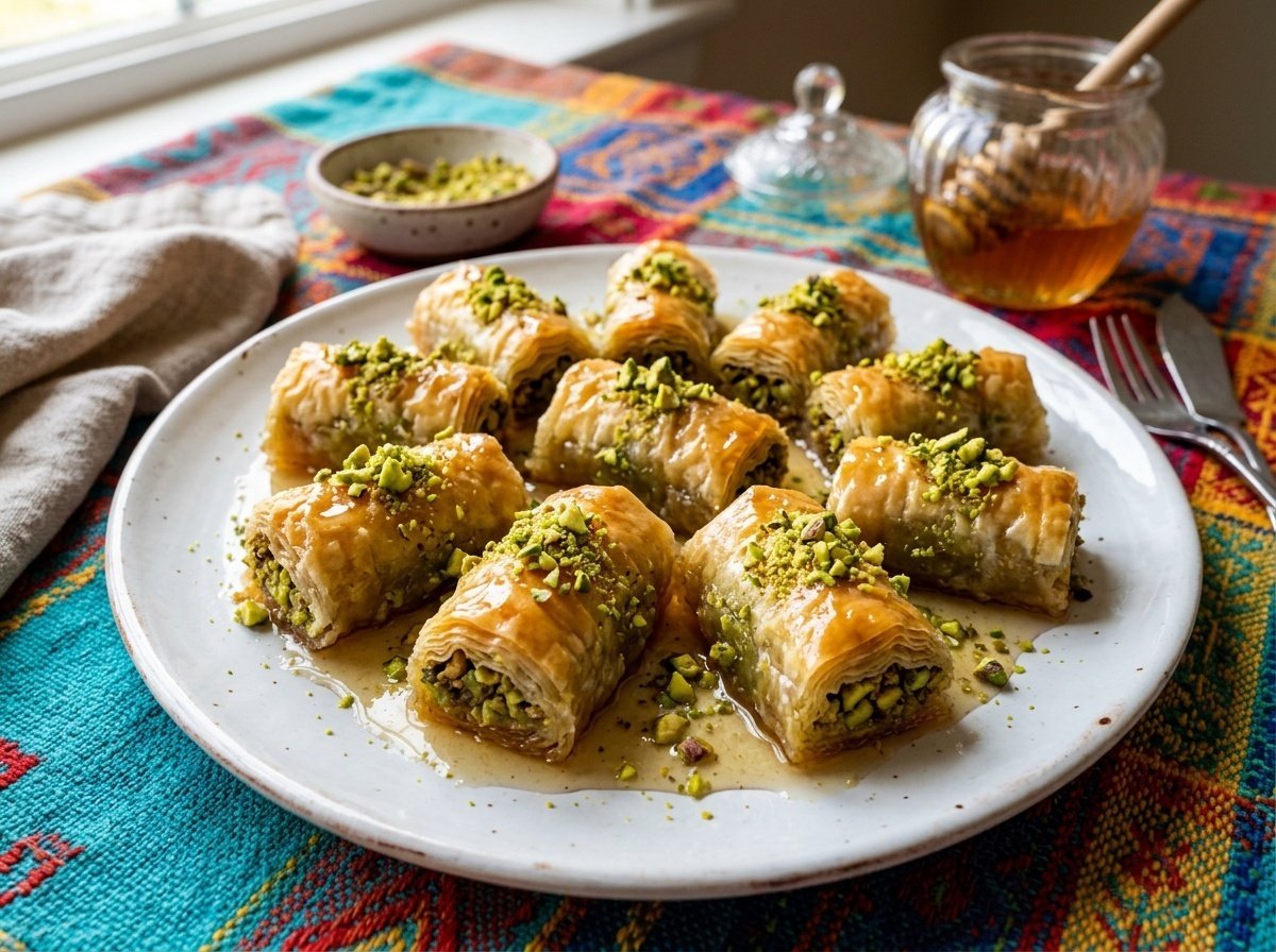 Golden brown pistachio baklava rolls drizzled with honey syrup, garnished with crushed pistachios on a decorative plate.