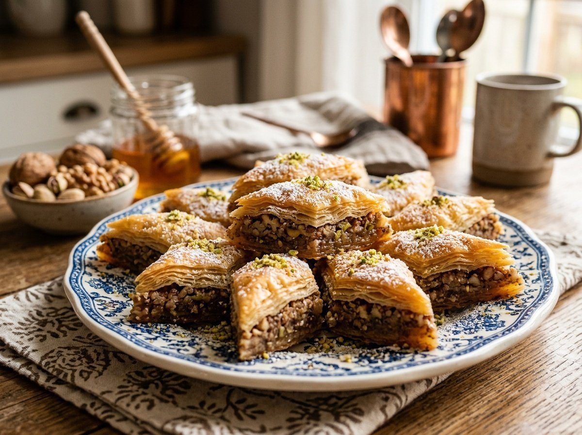 Delicious baklava cookies on a plate, dusted with powdered sugar and filled with chopped nuts.